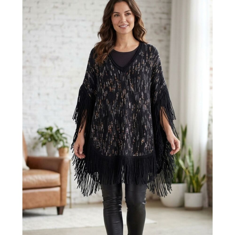 Ella Moss Revolve Wool Blend Negev Poncho Black Multicolor Women's Size XS/S